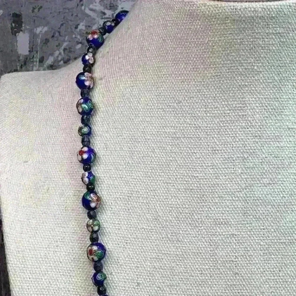Vintage Cloisonné Blue Necklace Floral - Picture 3 of 6